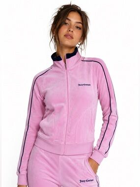 Juicy Couture Velour Zip-Up Jacket With Navy Details In Pink - Women’s S